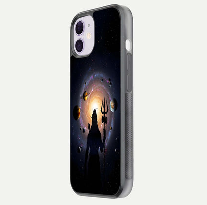 Galactic Shiva Vision Glass Case for iPhone 11 side-angle image showing light reflection, glass edges, and spiritual cosmic theme