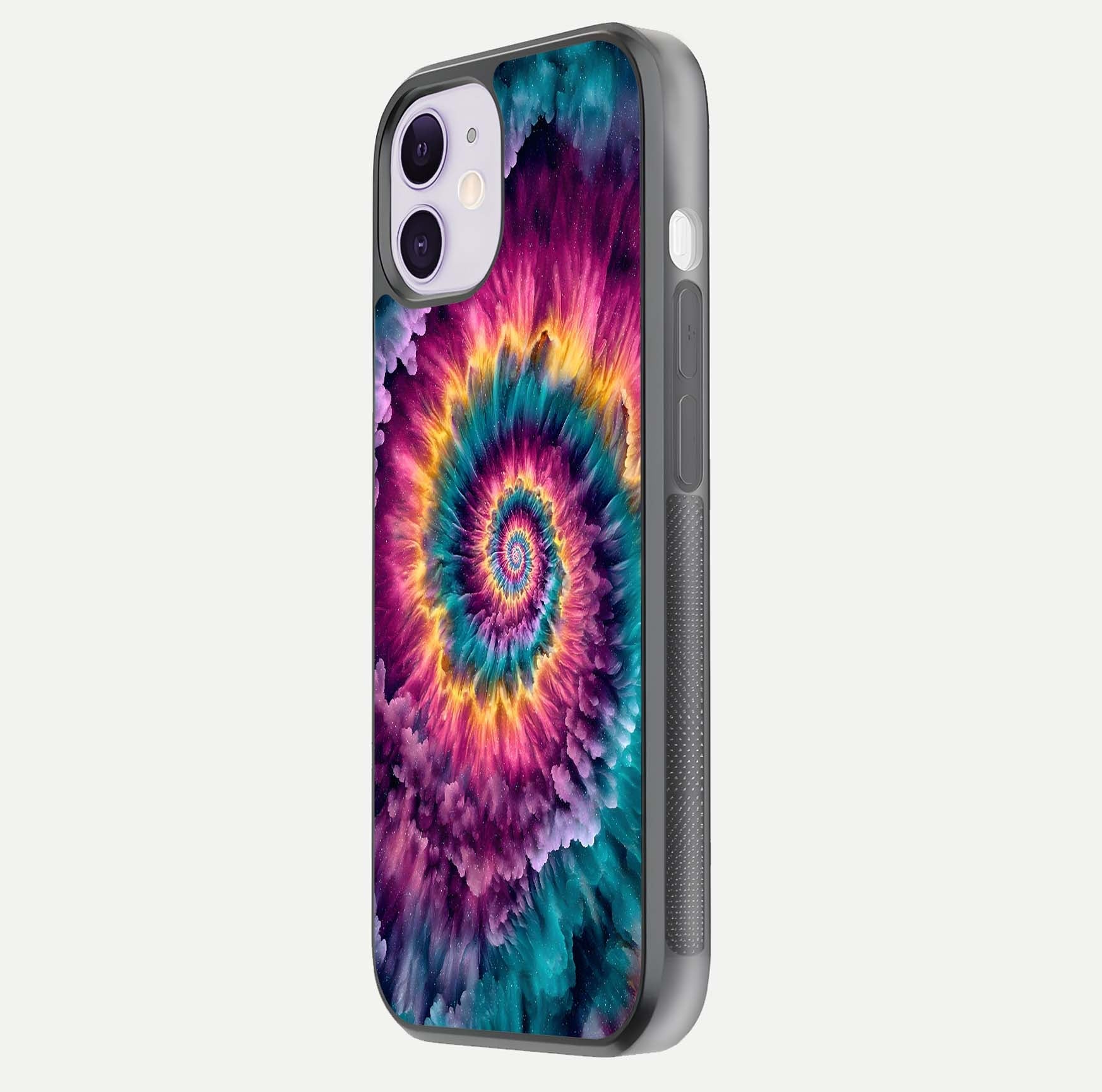 Galactic Spiral Burst Glass Case for iPhone 11 side-angle image showing reflection clarity and vivid galactic texture