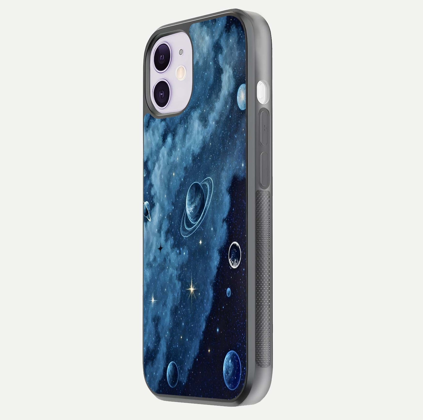 Galaxy Dream Space Glass Case for iPhone 11 side-angle image capturing reflection clarity and galactic texture