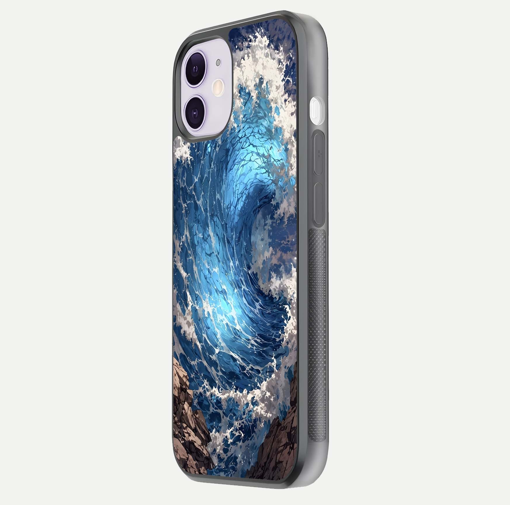 Giant Ocean Wave Glass Case for iPhone 11 side-angle image showing light reflection and ocean detail
