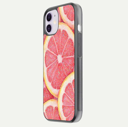 Glitter Grapefruit Glass Case for iPhone 11 side-angle image showing reflection glow and polished edges
