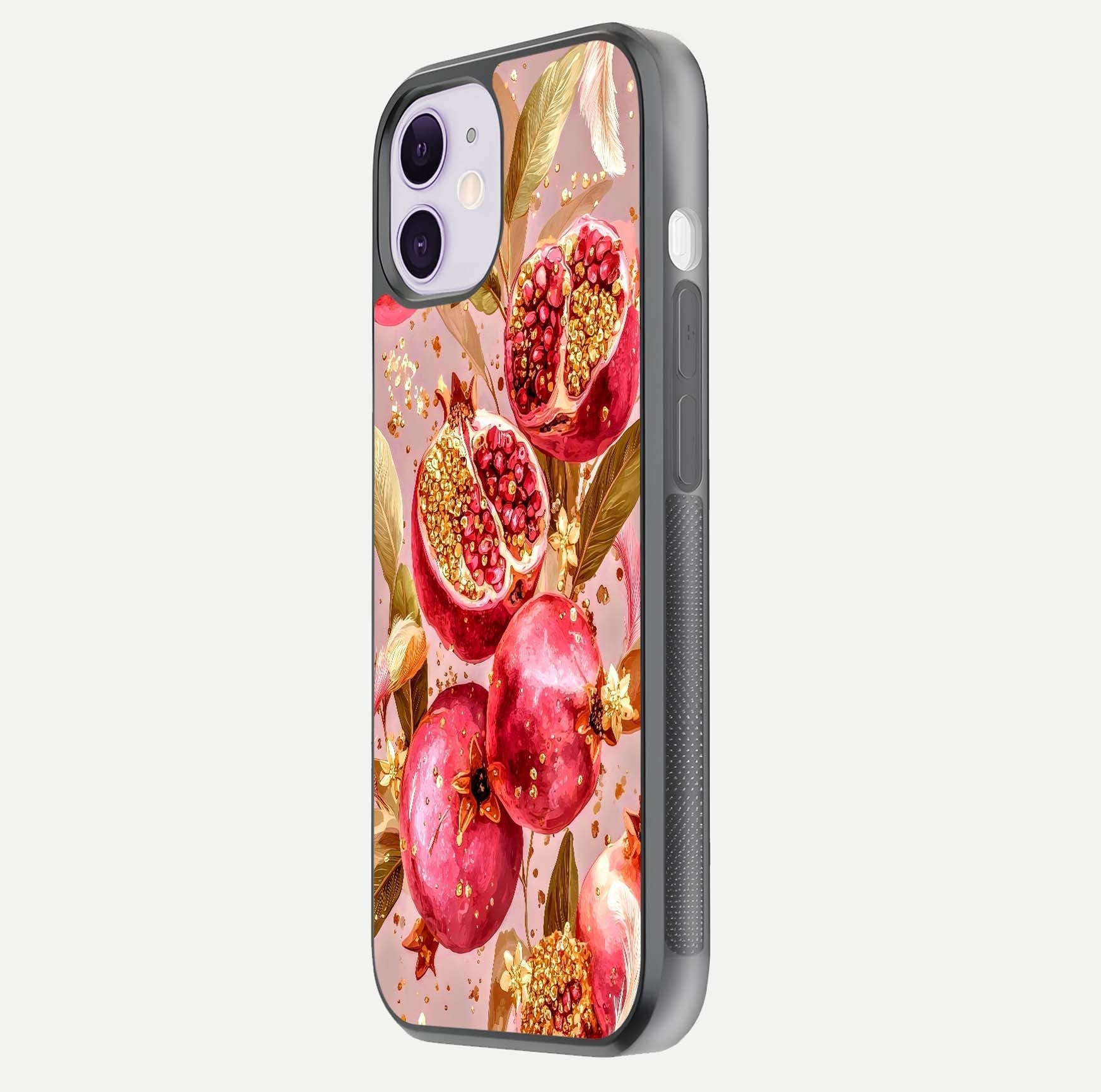 Golden Bloom Glow Glass Case for iPhone 11 side-angle image showing light reflection, gloss texture, and rich tone