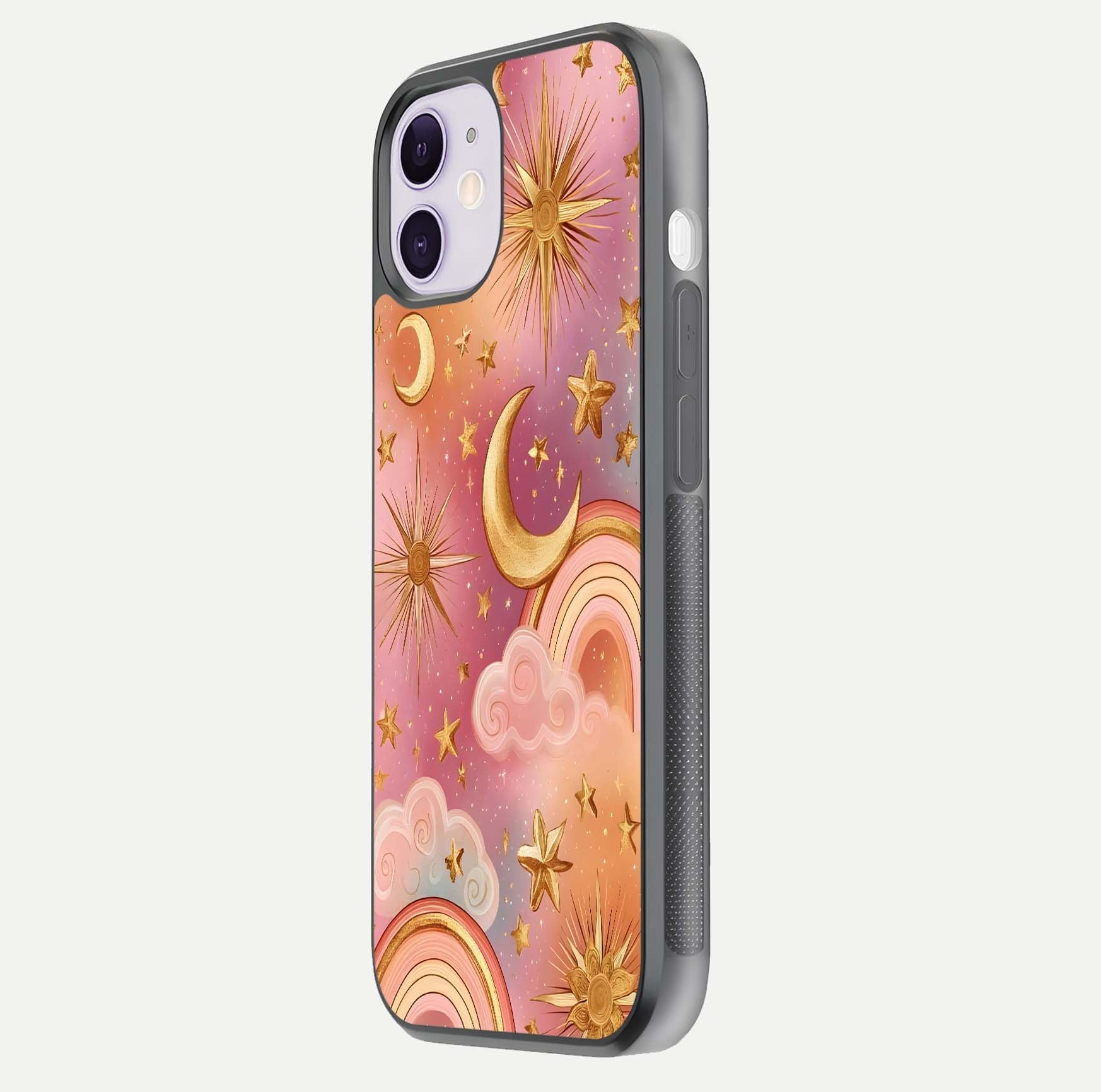 Golden Celestial Dreams Glass Case for iPhone 11 side-angle image capturing reflection brightness and starry detail