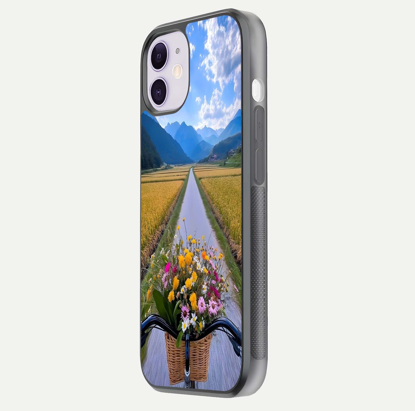 Golden Field Journey Glass Case for iPhone 11 side-angle image showing golden glow, reflection shine, and curved edge
