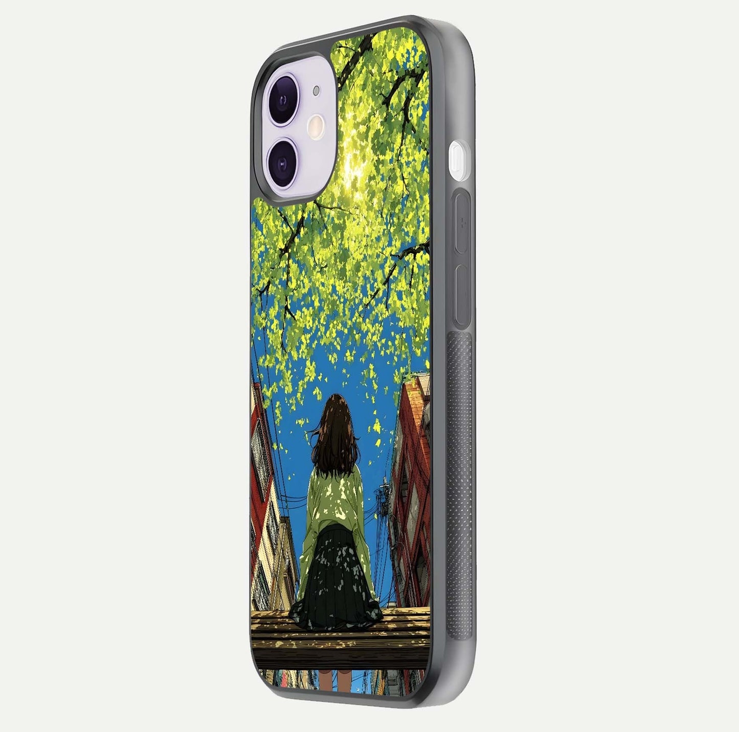 Golden Leaves Glow Glass Case for iPhone 11 side-angle image showing reflection polish and elegant pattern