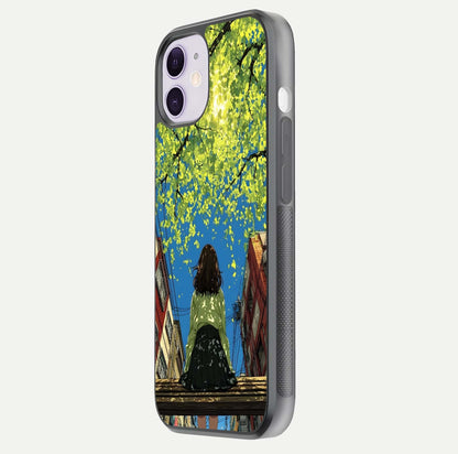 Golden Leaves Glow Glass Case for iPhone 11 side-angle image showing reflection polish and elegant pattern