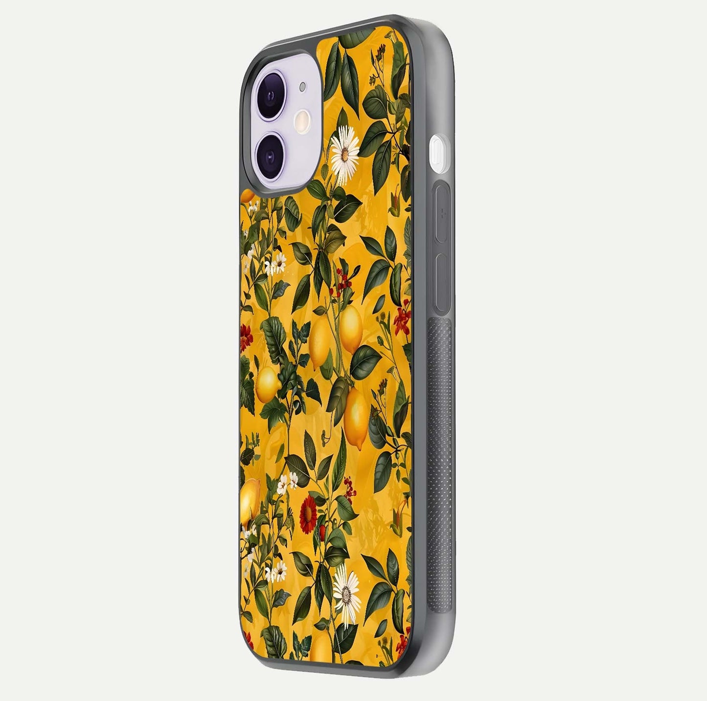 Golden Lemon Field Glass Case for iPhone 11 side-angle image showing reflection clarity and juicy color tone