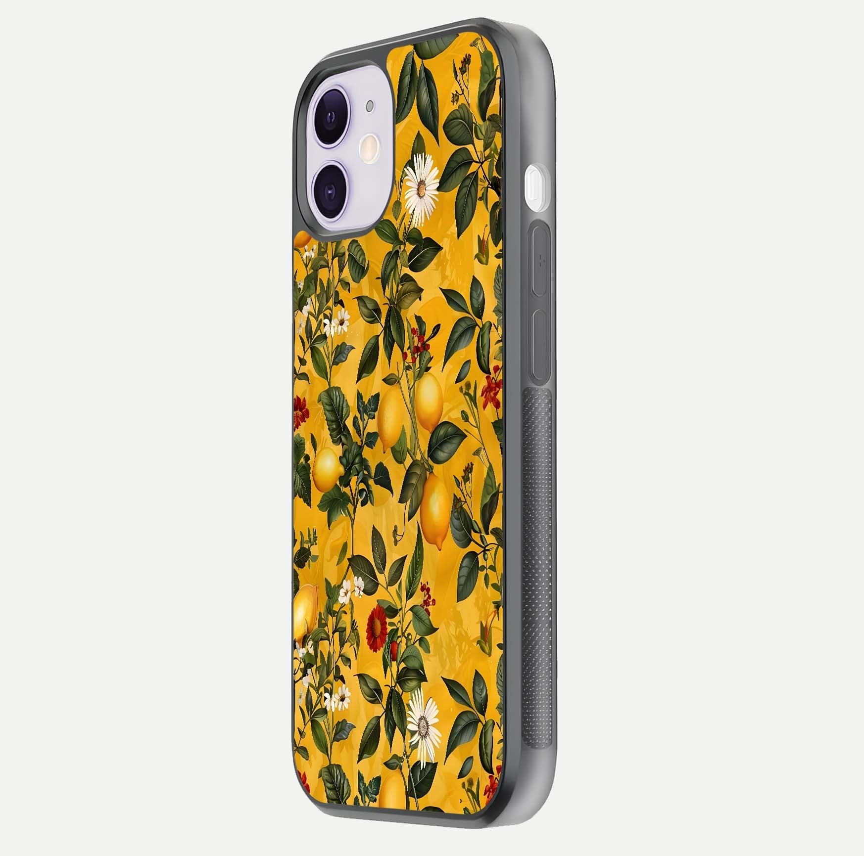 Golden Lemon Field Glass Case for iPhone 11 side-angle image showing reflection clarity and juicy color tone