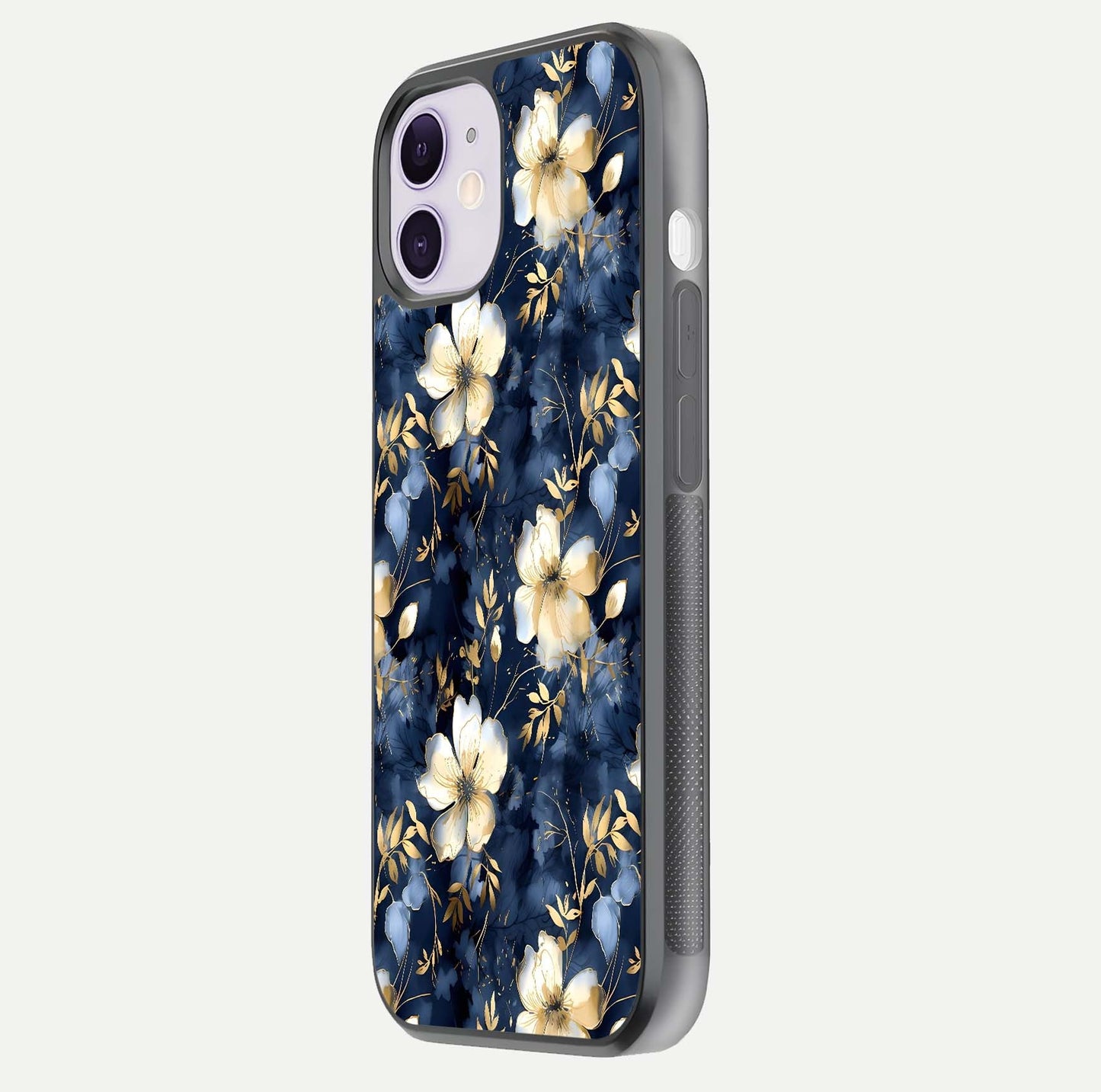 Golden Midnight Bloom Glass Case for iPhone 11 side-angle image showing shine depth and elegant edge design