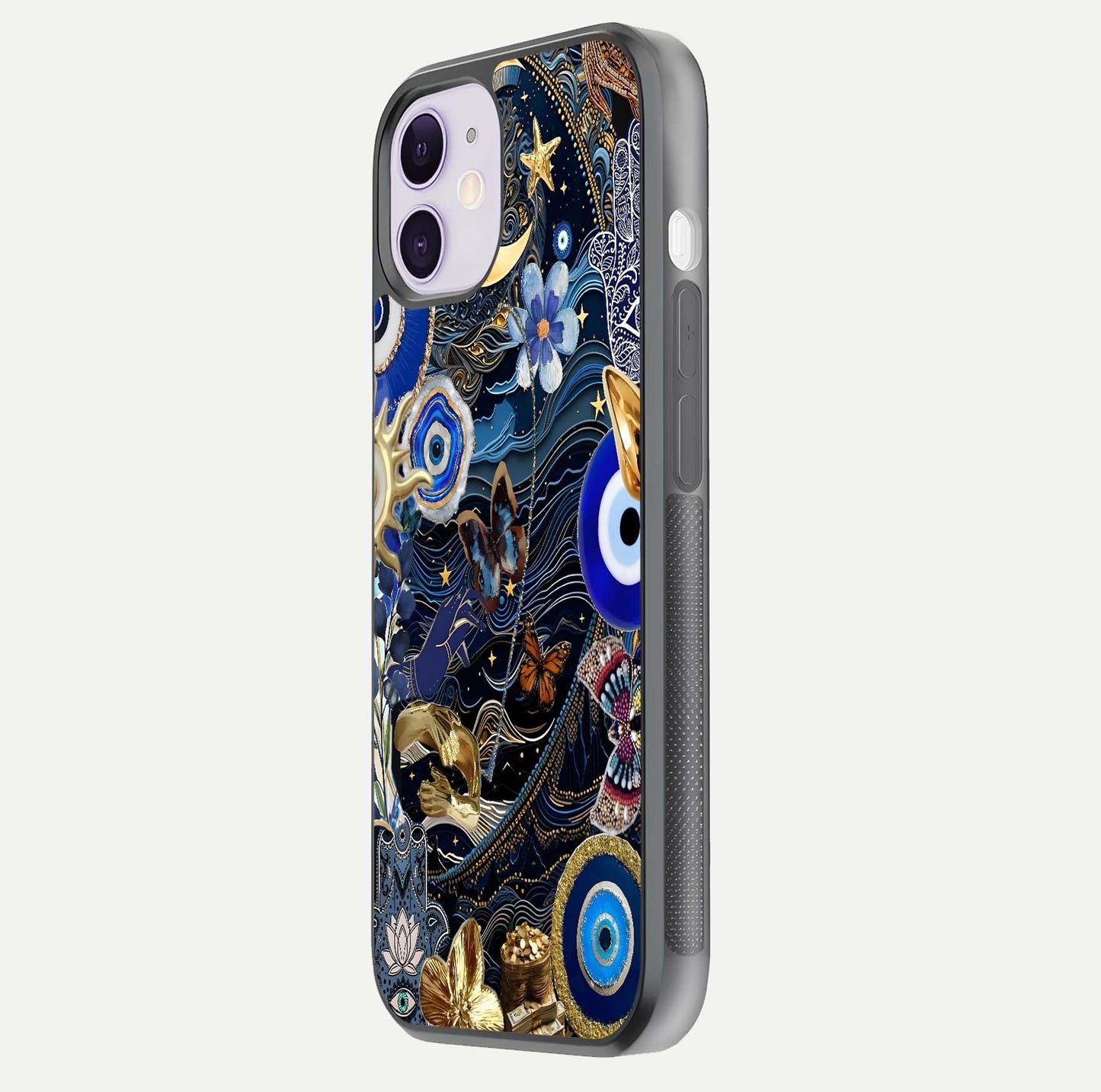 Golden Moon Magic Glass Case for iPhone 11 side-angle image showing reflection glow, curved polish, and moon detail