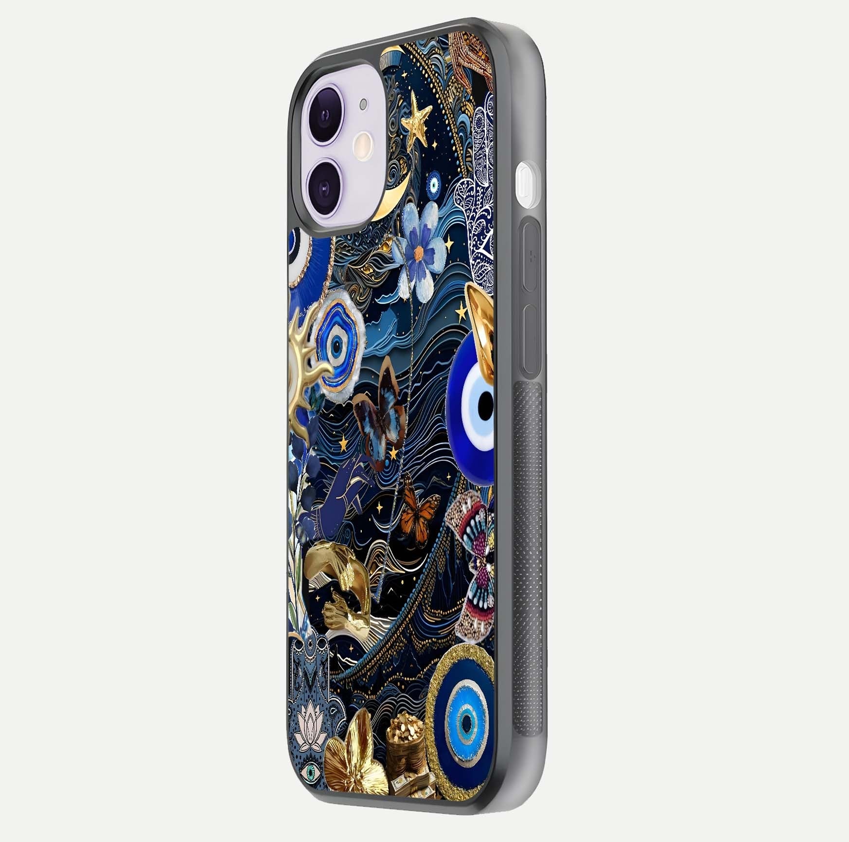 Golden Moon Magic Glass Case for iPhone 11 side-angle image showing reflection glow, curved polish, and moon detail