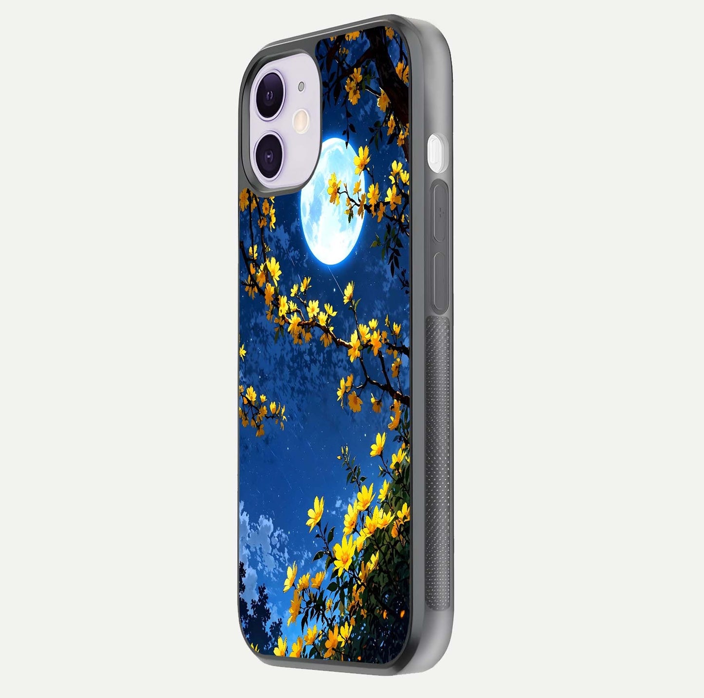Golden Night Glow Glass Case for iPhone 11 side-angle image showing reflection clarity and elegant golden tone