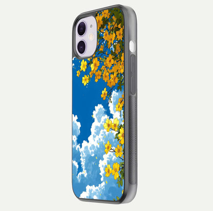 Golden Petal Sky Glass Case for iPhone 11 side-angle image showing reflection depth and metallic floral tones