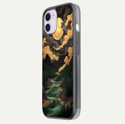 Golden River Moon Glass Case for iPhone 11 side-angle image showing reflection clarity and detailed nightscape