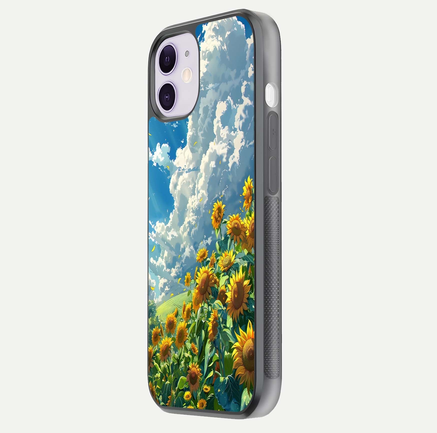Golden Sun Glory Glass Case for iPhone 11 side-angle image showing reflection glow and luminous texture
