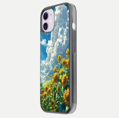 Golden Sun Glory Glass Case for iPhone 11 side-angle image showing reflection glow and luminous texture