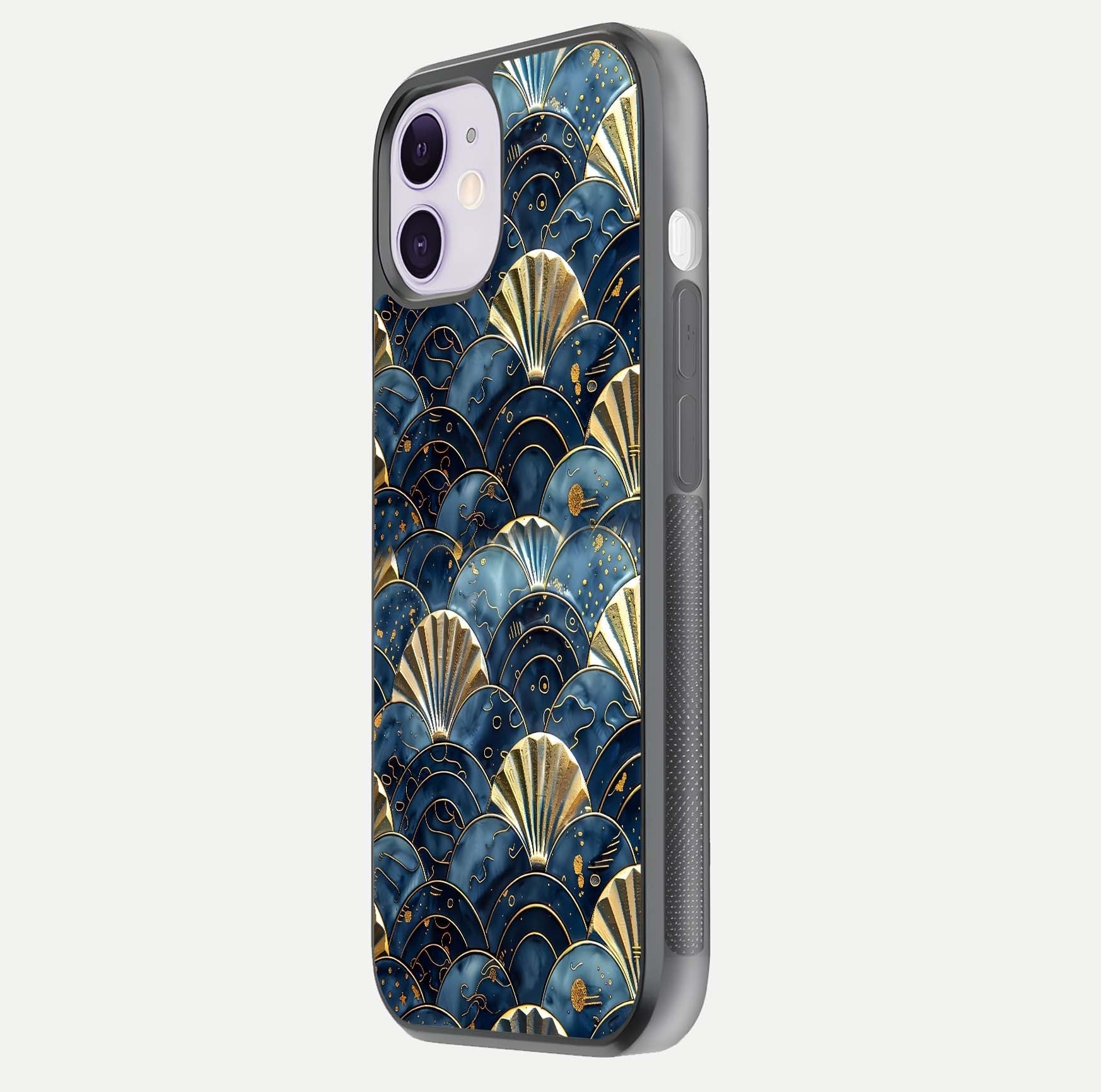 Golden Wave Luxe Glass Case for iPhone 11 side-angle image showing reflection clarity and polished finish