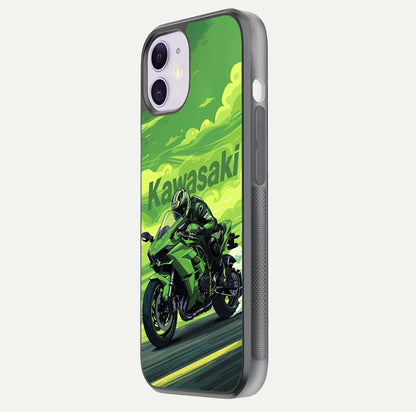 Green Kawasaki Glass Case for iPhone 11 side-angle image showing reflection depth and metallic green accent