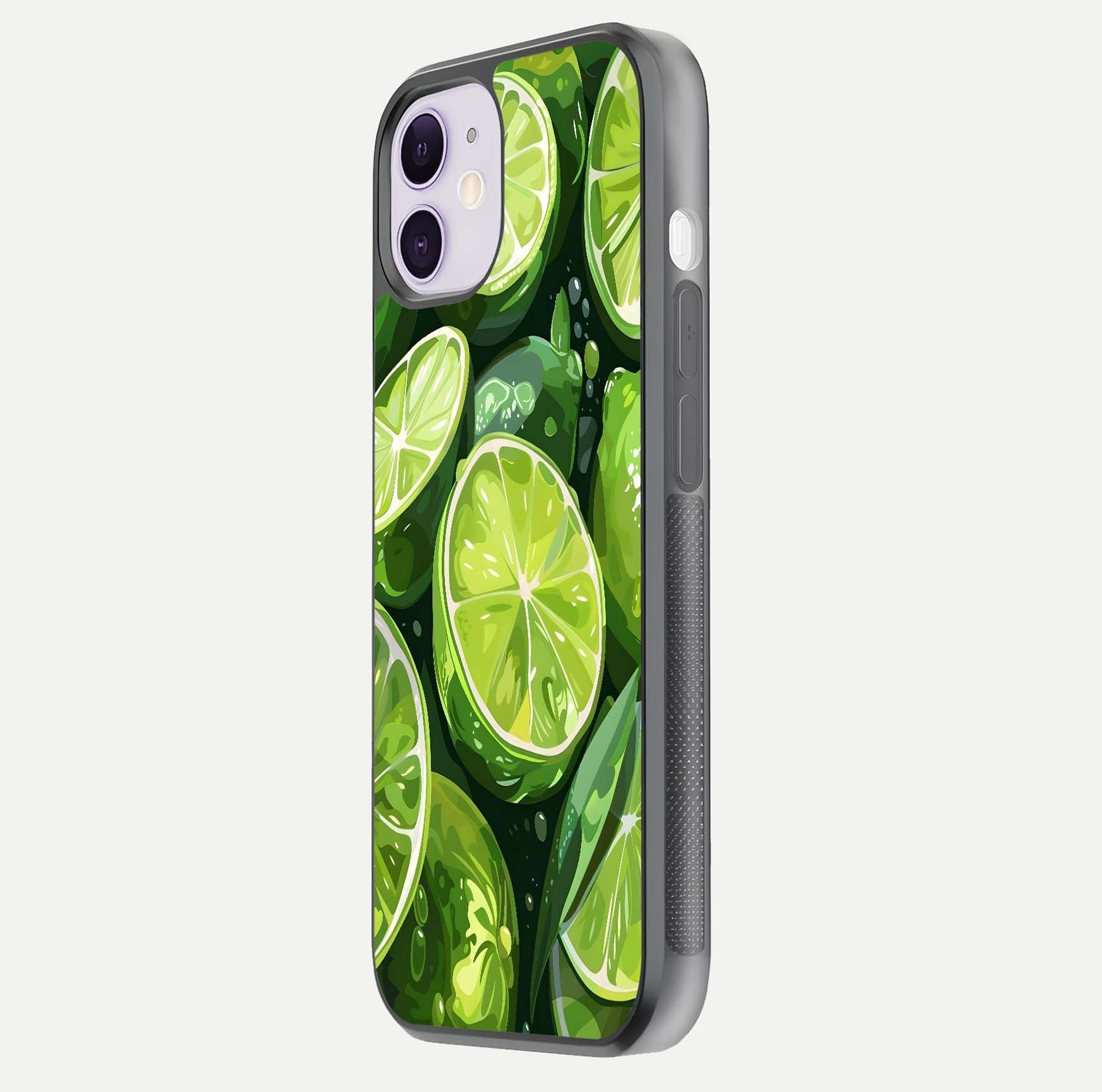 Green Lemon Glass Case for iPhone 11 side-angle image showing reflection glow and juicy color tones