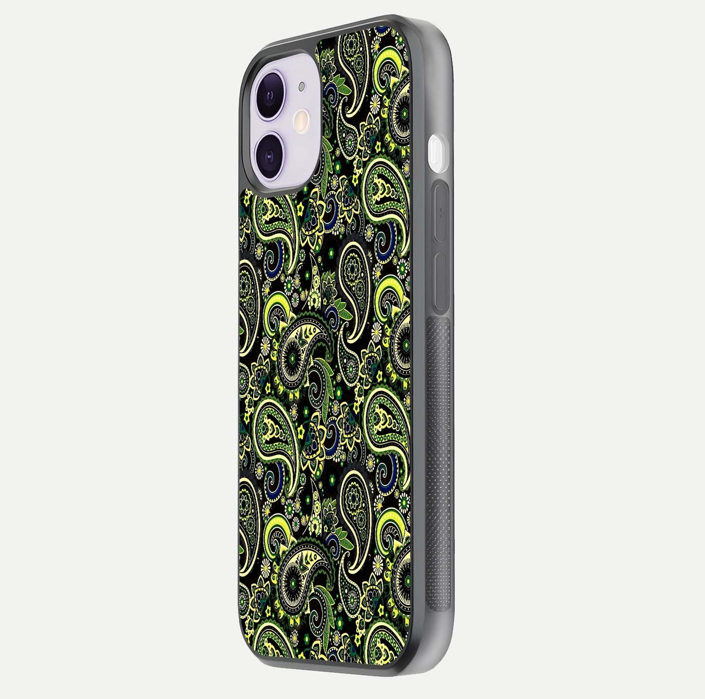 Green Mandala Pattern Glass Case for iPhone 11 side-angle image showing reflection clarity and detailed pattern lines