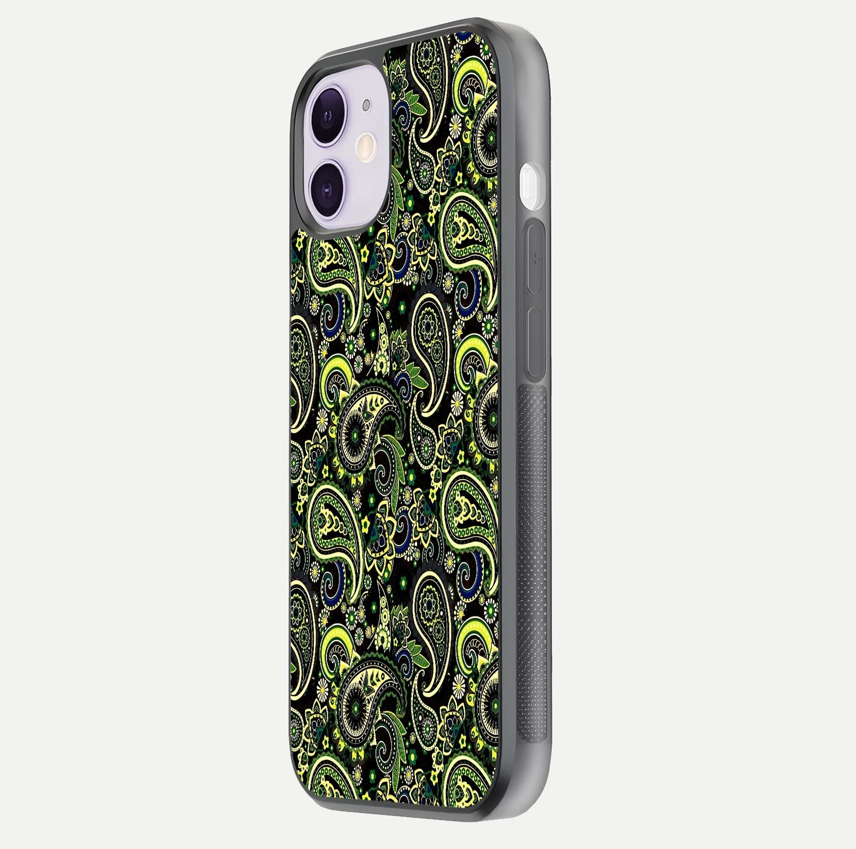Green Mandala Pattern Glass Case for iPhone 11 side-angle image showing reflection clarity and detailed pattern lines