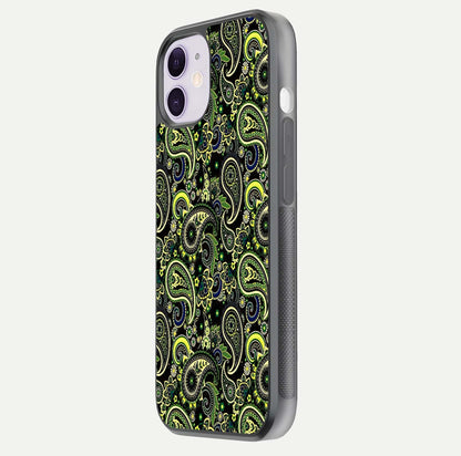 Green Mandala Pattern Glass Case for iPhone 11 side-angle image showing reflection clarity and detailed pattern lines