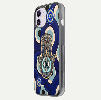 Hamsa Divine Guard Glass Case for iPhone 11 side-angle image showing reflection brilliance and protective design