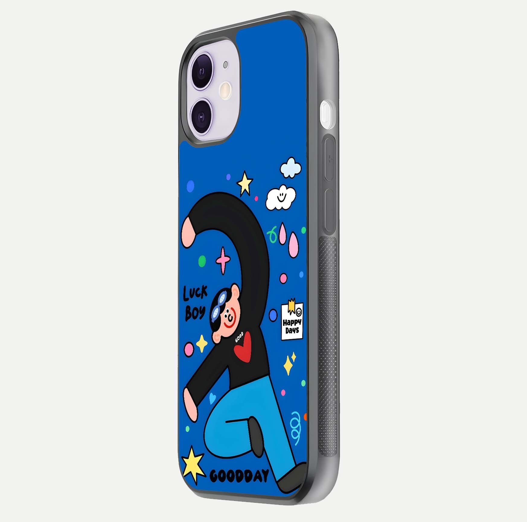 Happy Luck Vibe Glass Case for iPhone 11 side-angle image showing reflection polish and vivid charm design