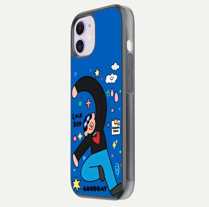 Happy Luck Vibe Glass Case for iPhone 11 side-angle image showing reflection polish and vivid charm design