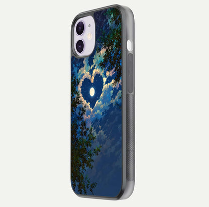 Heart with Moon Sky Glass Case for iPhone 11 side-angle image showing reflection brightness and soft tone finish