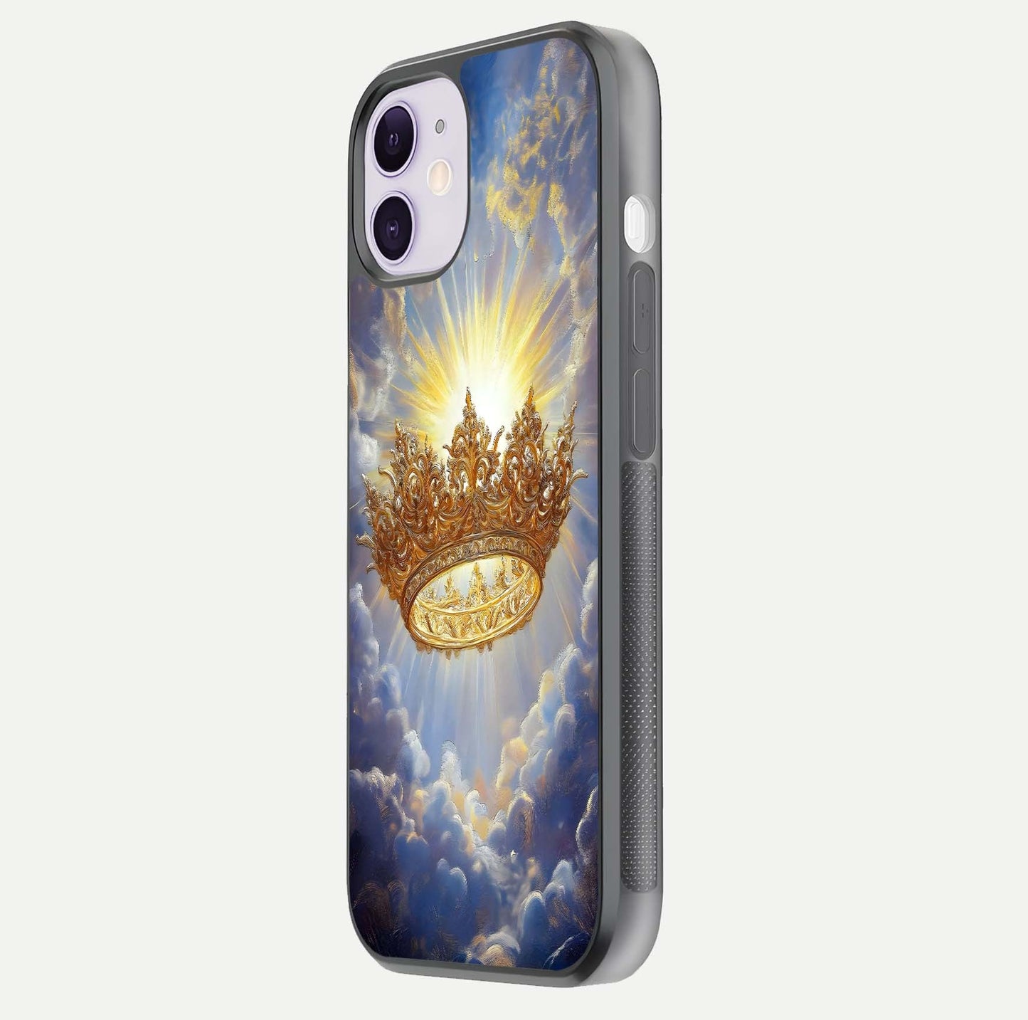 Heavenly Crown Light Glass Case for iPhone 11 side-angle image showing reflection brilliance and elegant divine art