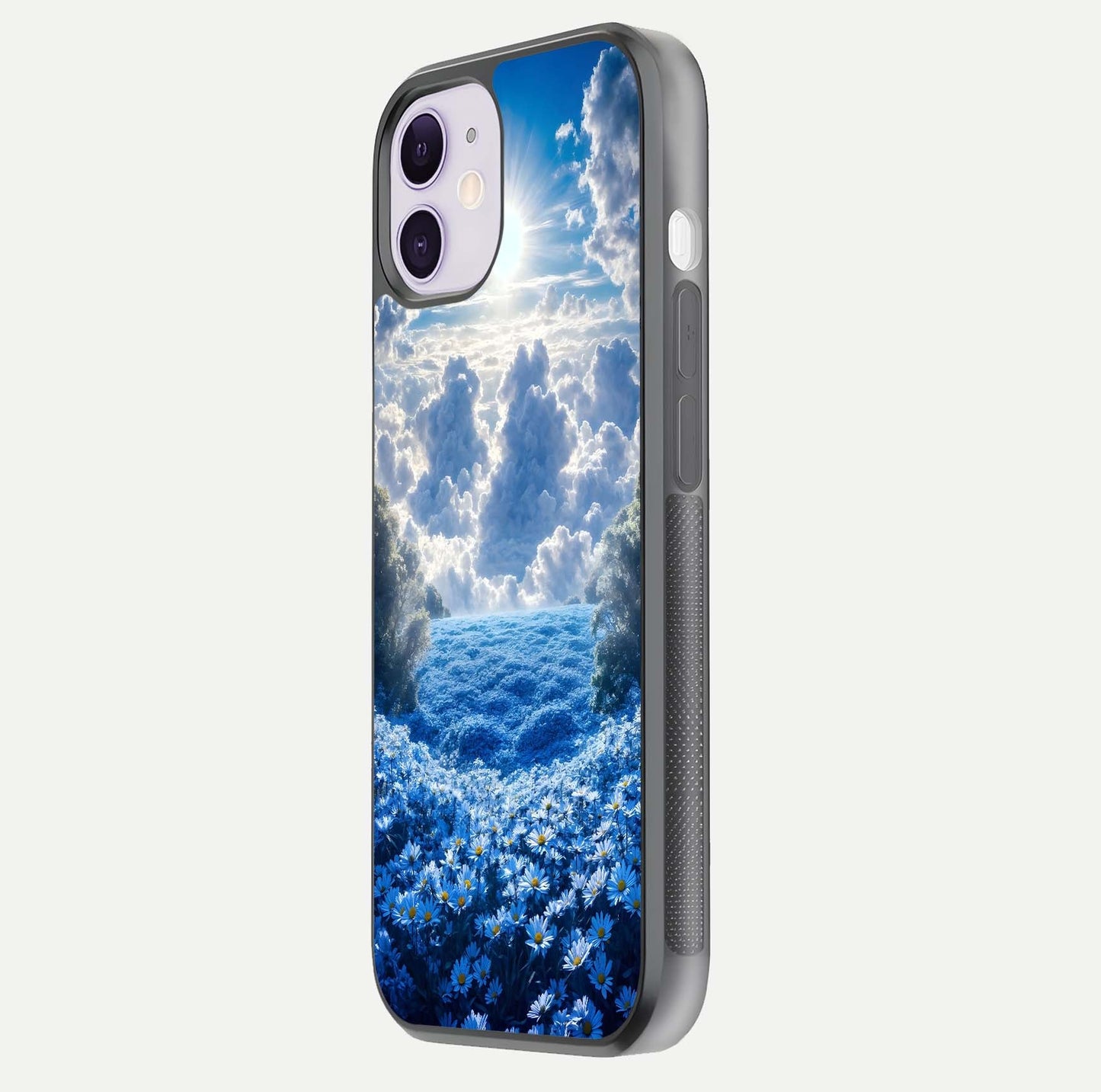 Heavenly Daisy Horizon Glass Case for iPhone 11 side-angle image showing reflection depth and floral glow