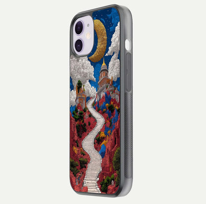Heavenly Moon Path Glass Case for iPhone 11 side-angle image showing reflection clarity and serene moon glow