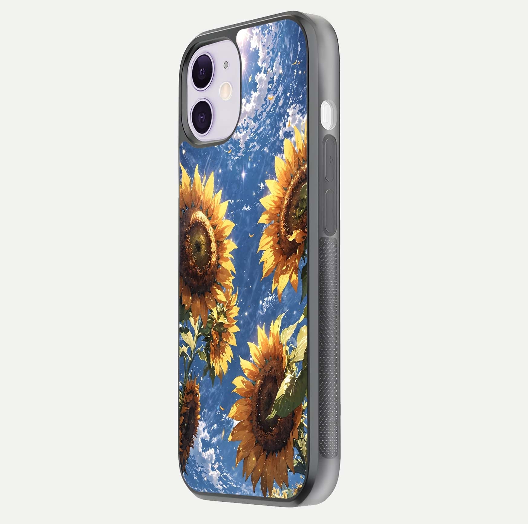 Heavenly Sunflower Rise Glass Case for iPhone 11 side-angle image showing reflection glow and soft yellow tone