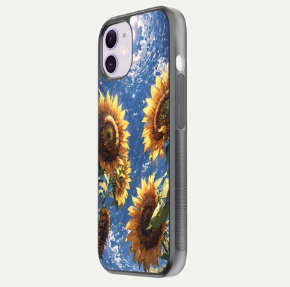Heavenly Sunflower Rise Glass Case for iPhone 11 side-angle image showing reflection glow and soft yellow tone