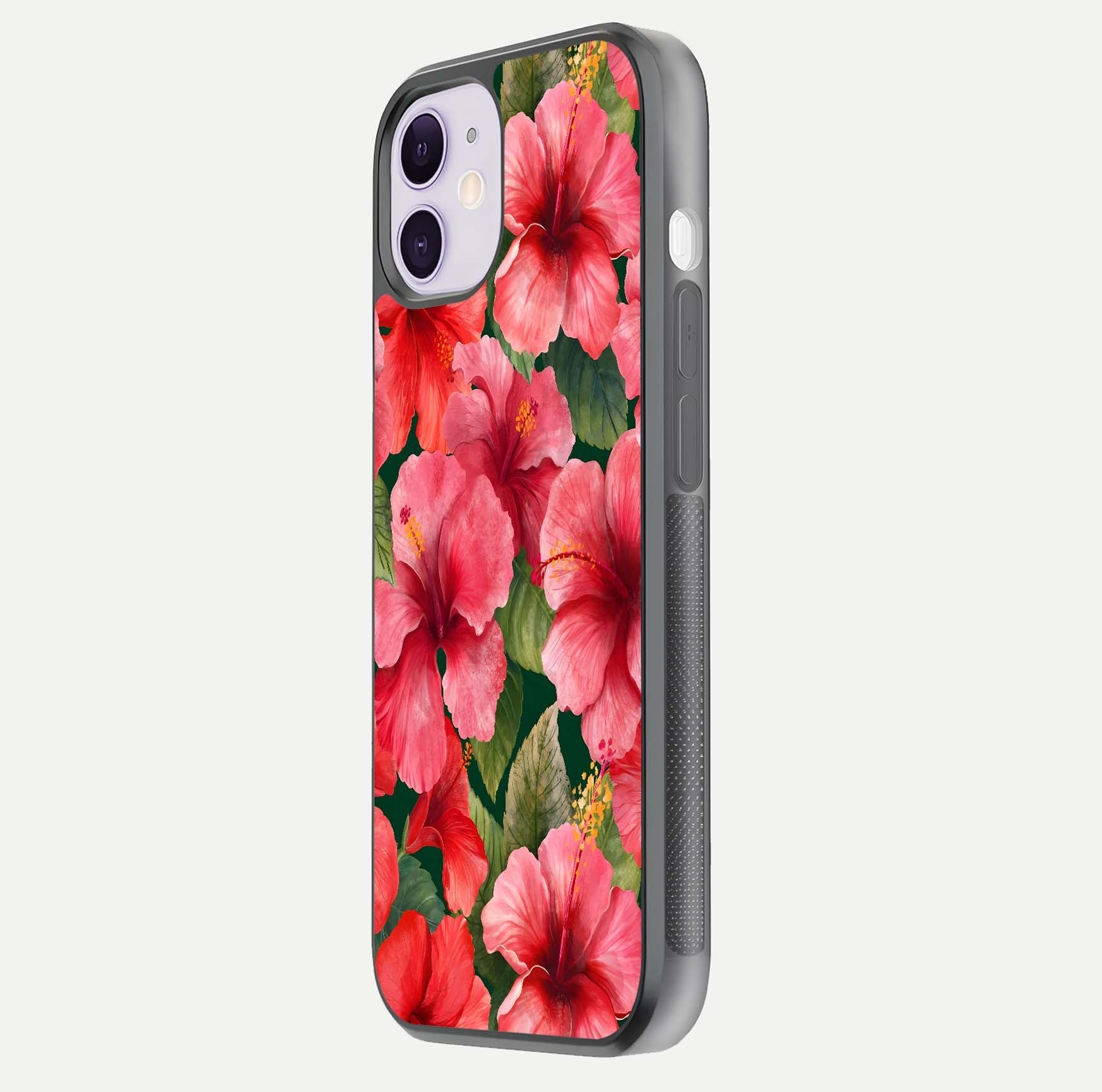 Hibiscus Pattern Glass Case for iPhone 11 side-angle image showing reflection brightness and floral detailing