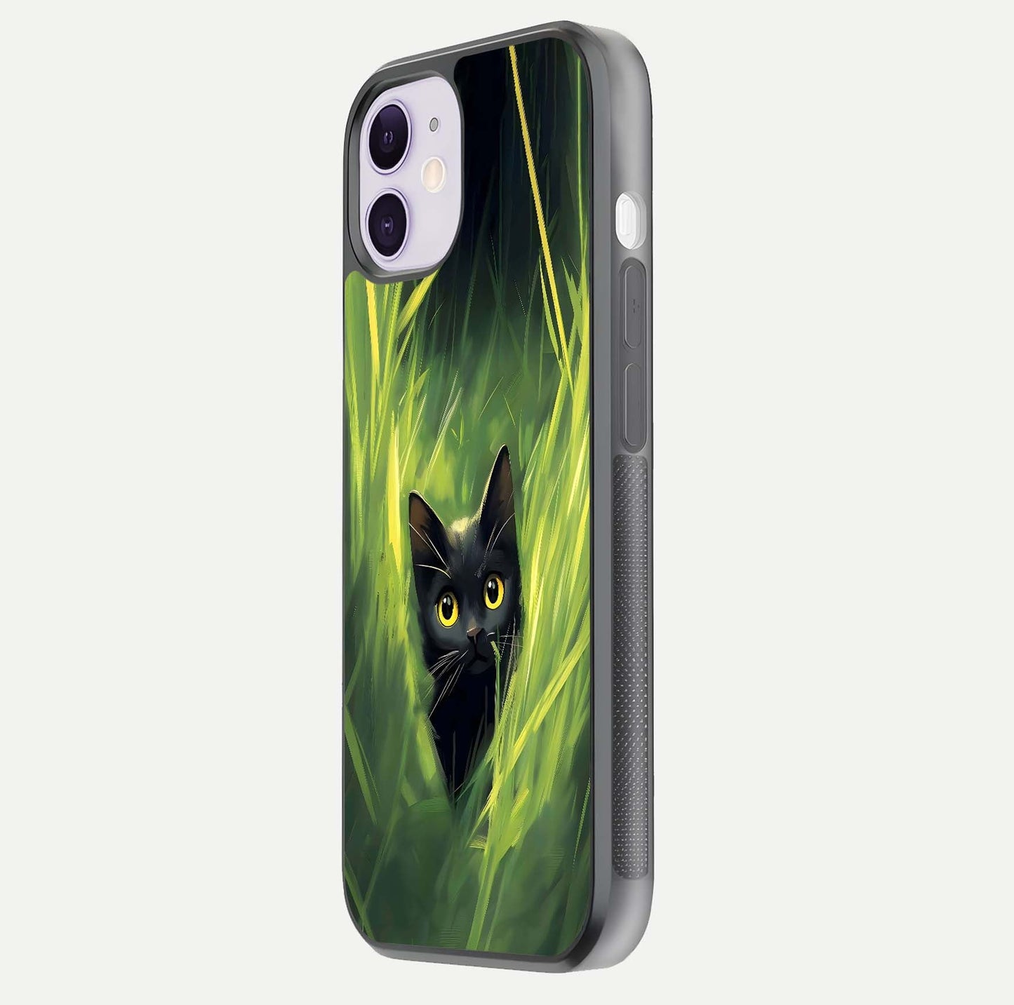 Hidden Cat Whisper Glass Case for iPhone 11 side-angle image showing reflection glow and subtle artistic texture