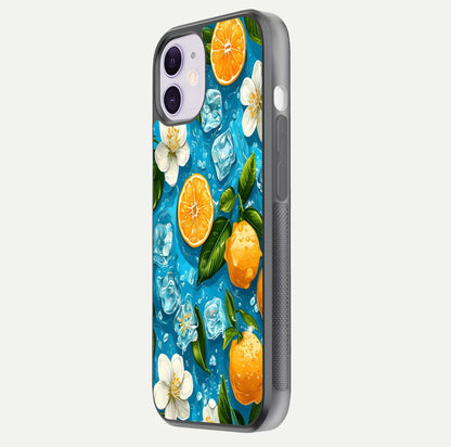 Ice Cube With Orange Glass Case for iPhone 11 side-angle image showing reflection brightness and juicy pattern detail