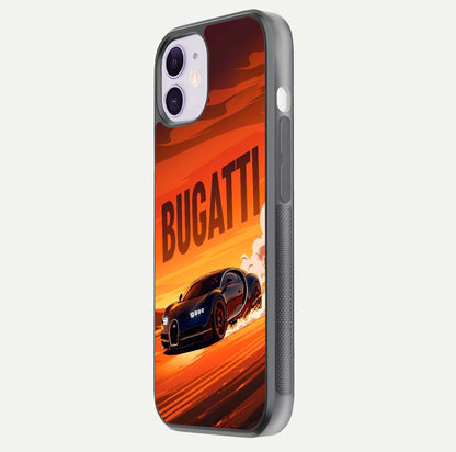 Inferno Bugatti Storm Glass Case for iPhone 11 side-angle image showing reflection glow and vibrant red tones