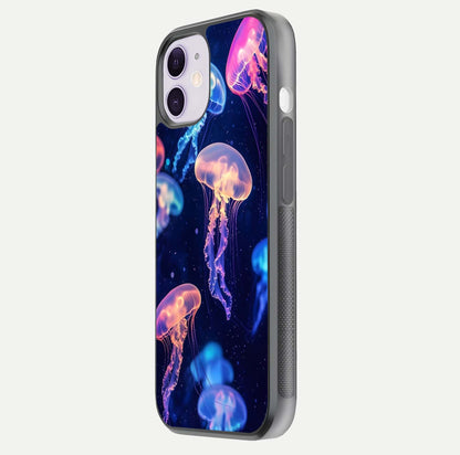 Jellyfish Pattern Glass Case for iPhone 11 side-angle image showing reflection glow and soft water-blue gradient