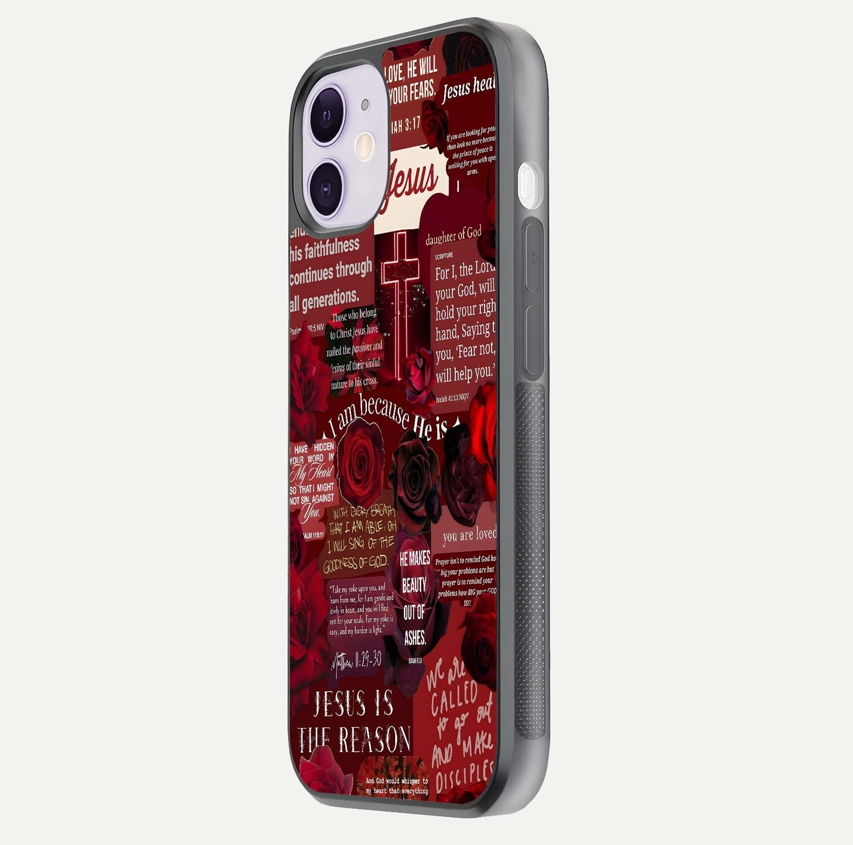Jesus Love Heals Glass Case for iPhone 11 side-angle image highlighting gloss depth and spiritual aura