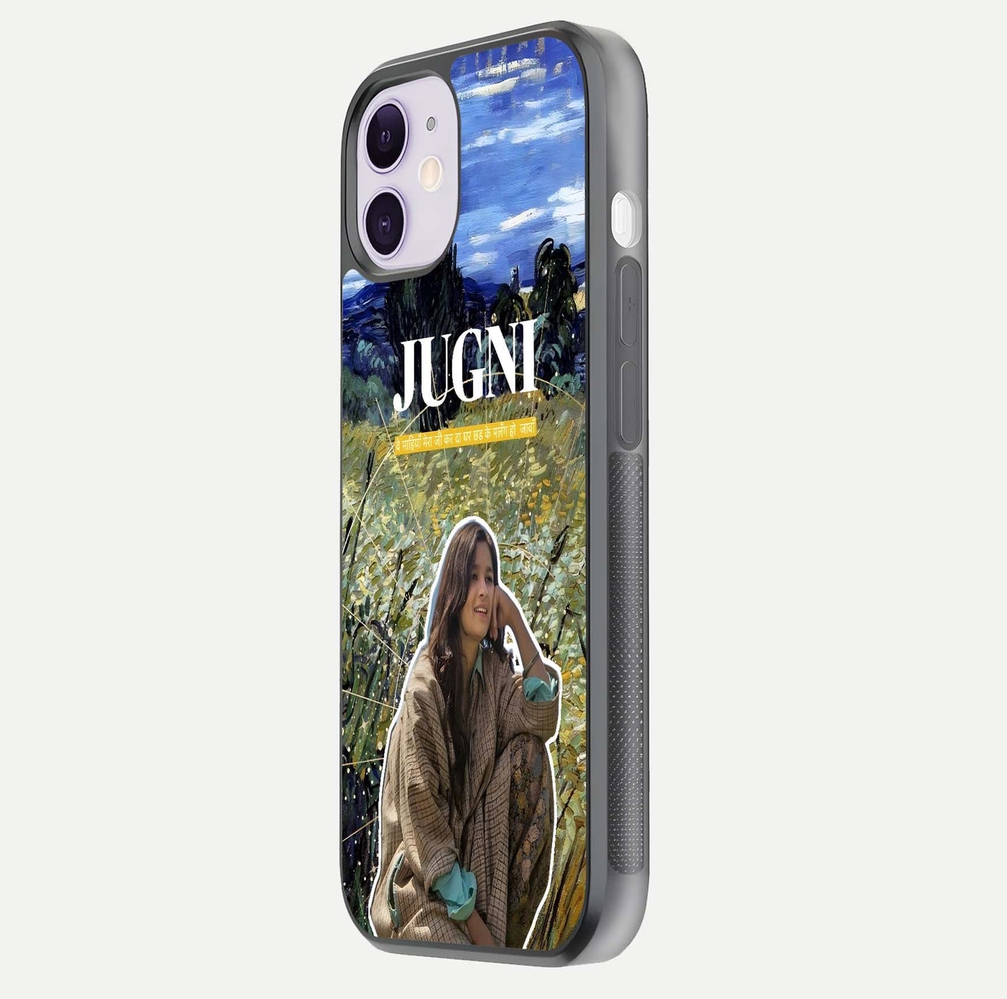 Jugni Soul Vibes Glass Case for iPhone 11 side-angle image with stylish typography and HD finish