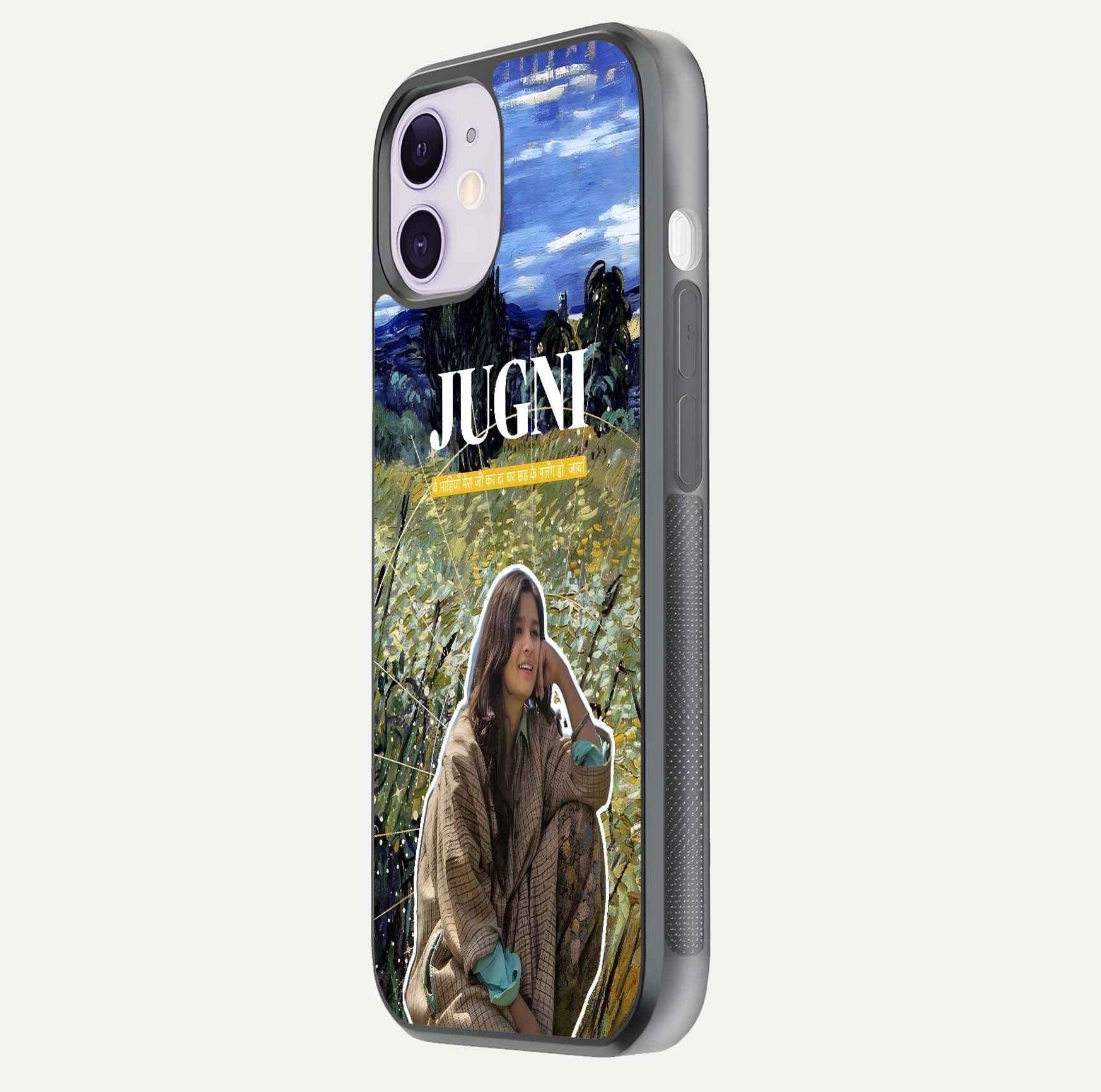 Jugni Soul Vibes Glass Case for iPhone 11 side-angle image with stylish typography and HD finish