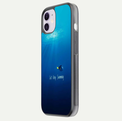 Just Keep Swimming Glass Case for iPhone 11 side-angle image highlighting reflective surface and positive quote