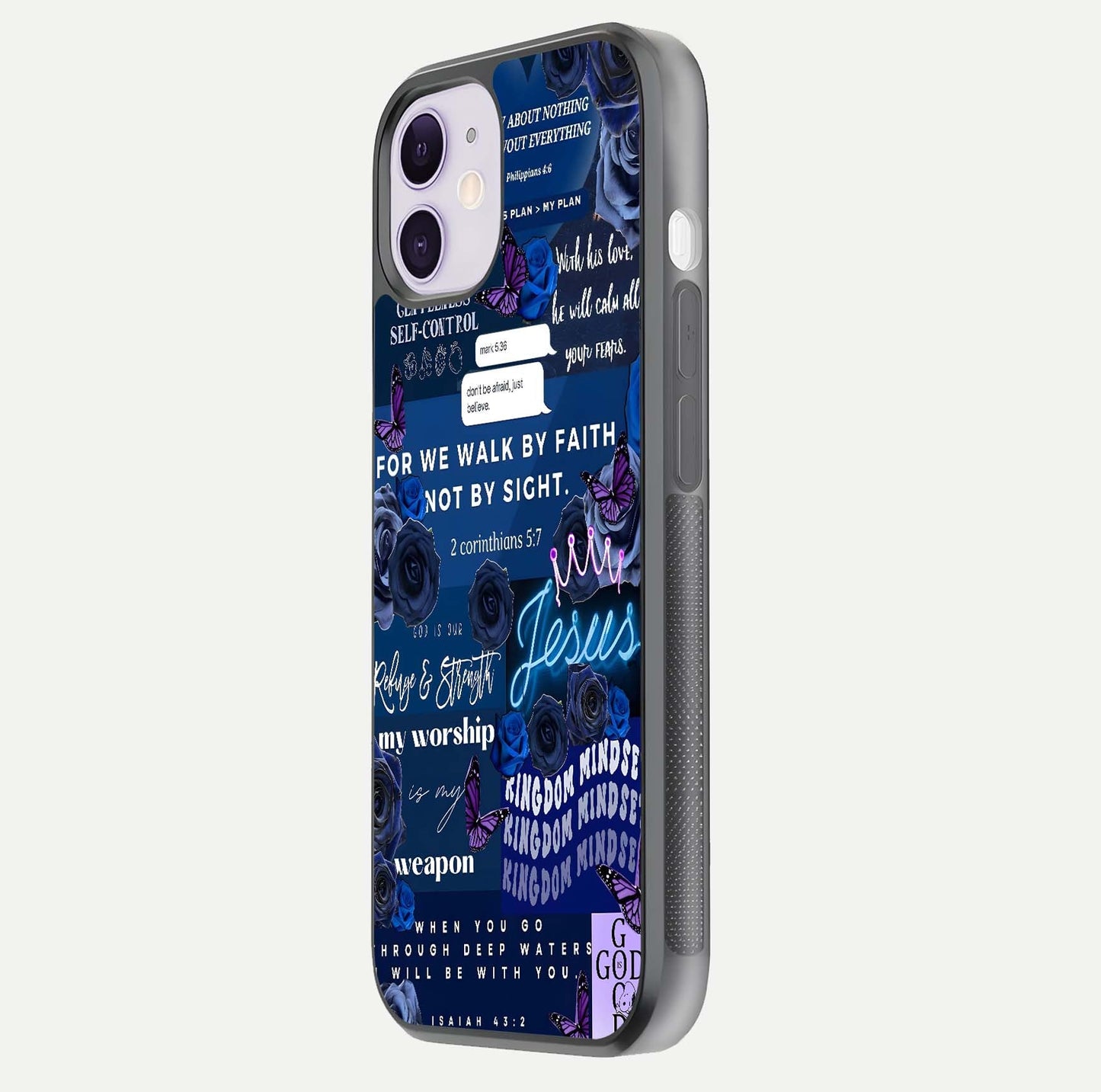 Kingdom Faith Glow Glass Case for iPhone 11 side-angle image with reflective cross and faith glow