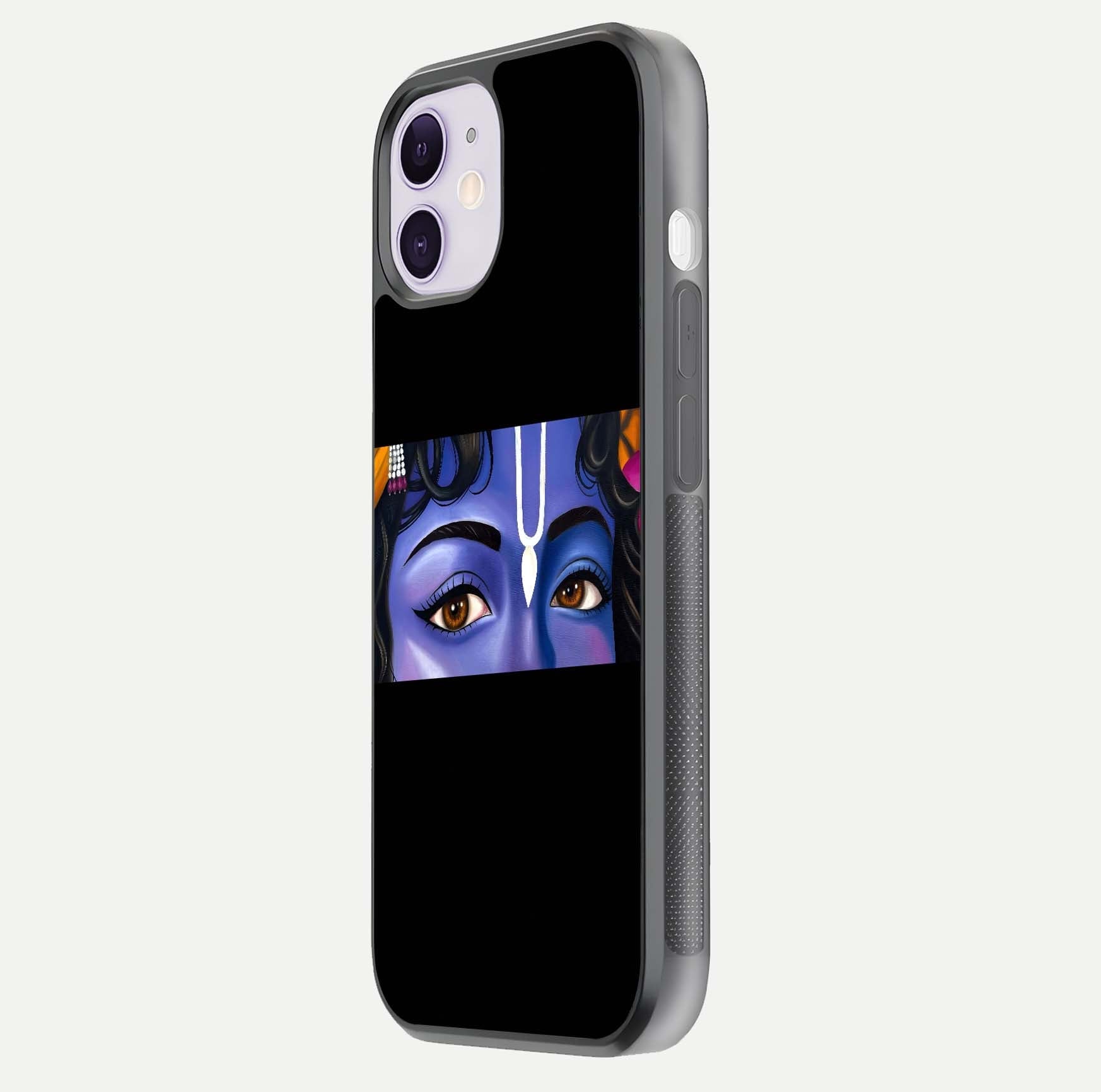Krishna Eye Glass Case for iPhone 11 side-angle image showing reflection clarity and Krishna symbol design