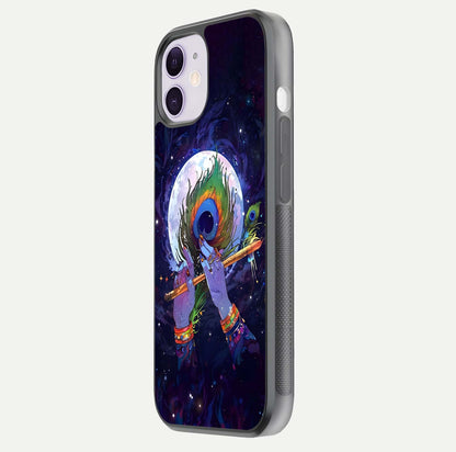 Krishna Hands Art Glass Case for iPhone 11 side-angle image highlighting reflection brightness and vivid print