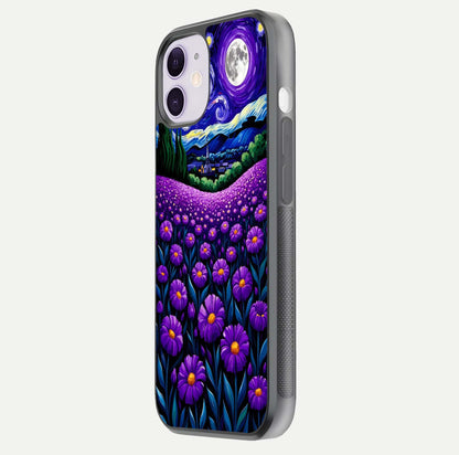 Lavender Moon Field Glass Case for iPhone 11 side-angle image showing HD reflection and moonlit lavender art