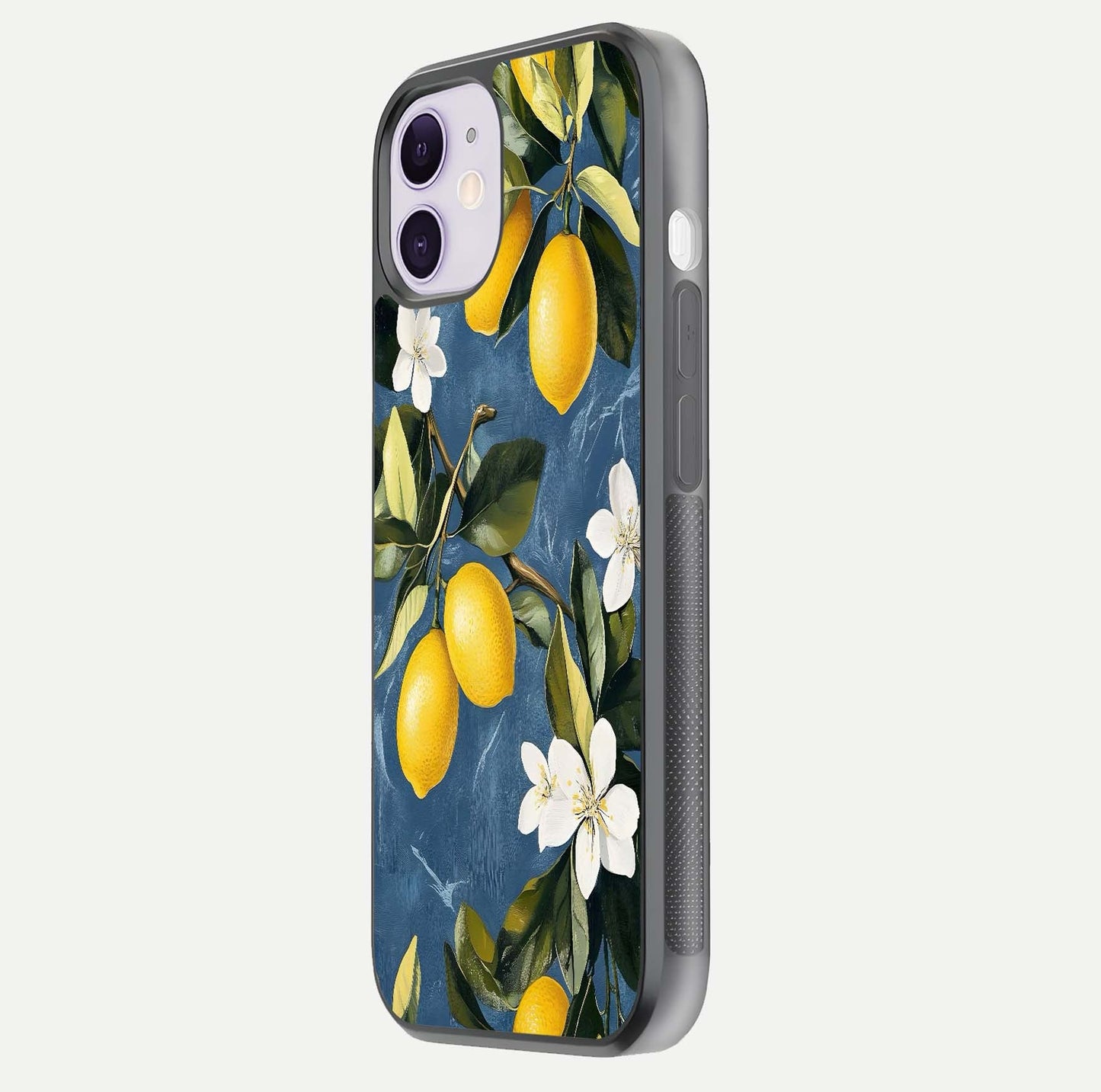Lemon Dream Garden Glass Case for iPhone 11 side-angle image showing reflection clarity and artistic fruit design