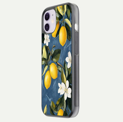 Lemon Dream Garden Glass Case for iPhone 11 side-angle image showing reflection clarity and artistic fruit design